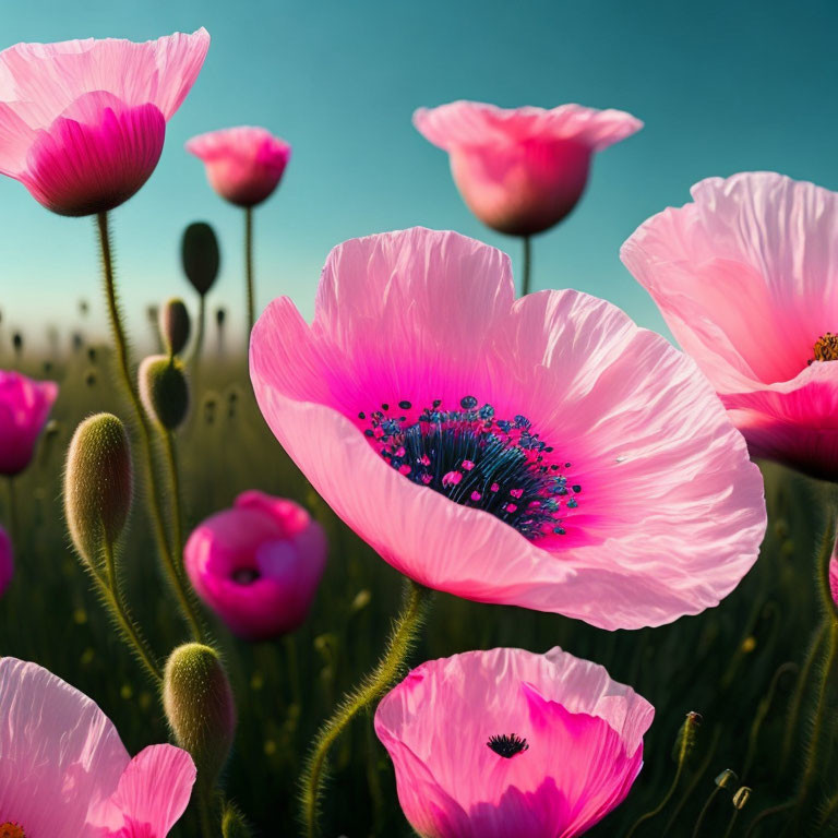 Detailed Pink Poppies Against Blue Sky Background