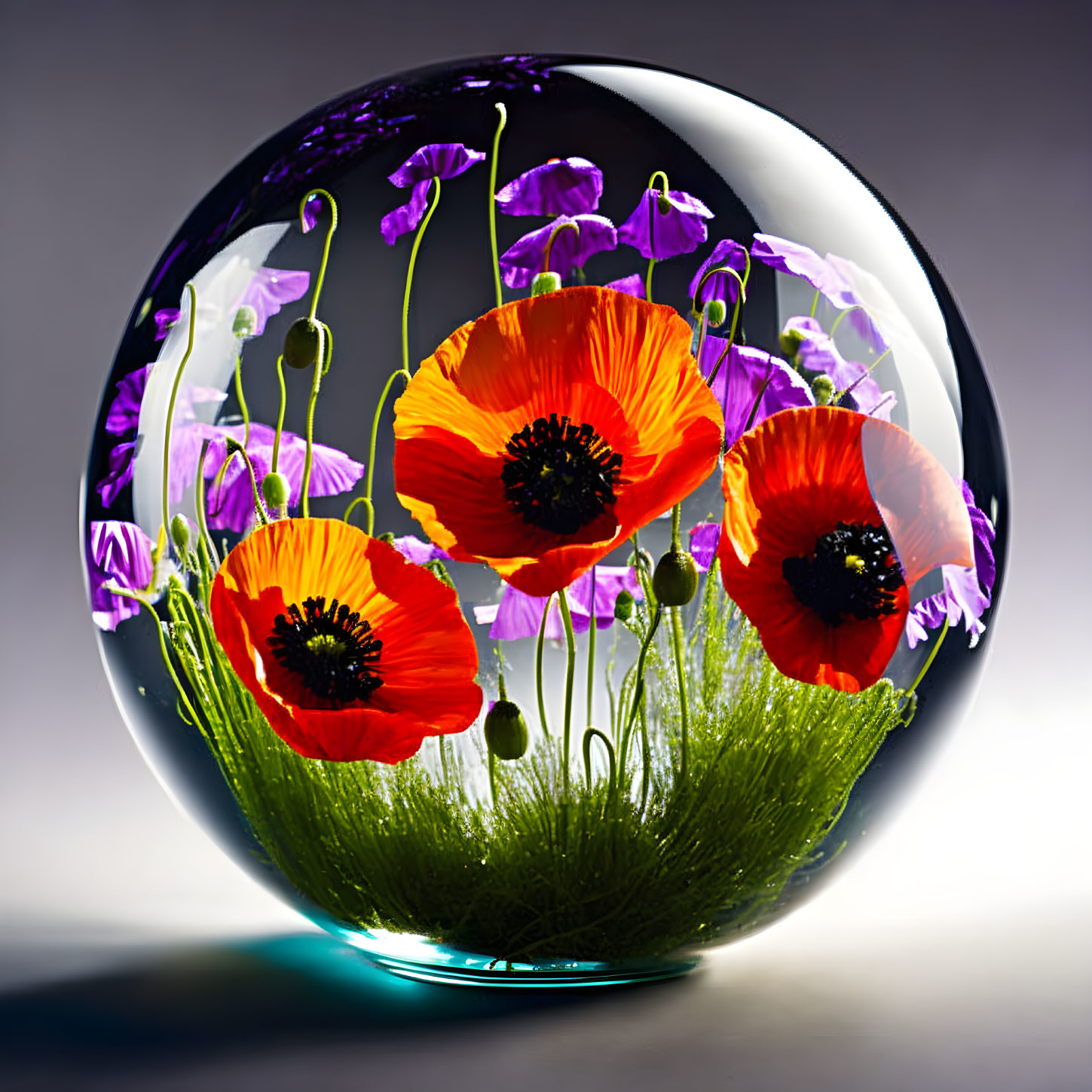 Transparent Glass Sphere with Red and Purple Poppy Flowers on Grey Background