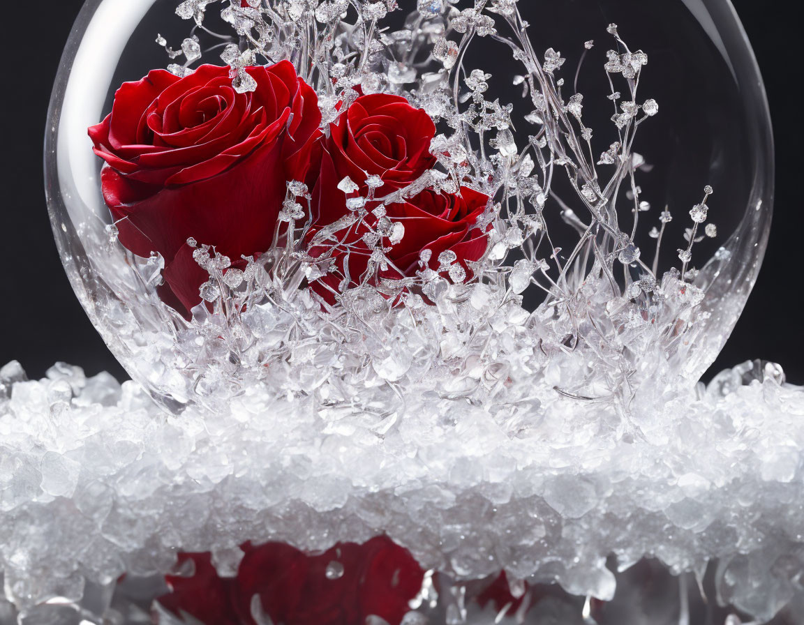 Vibrant red roses in glass sphere with crystal decorations on white crushed glass