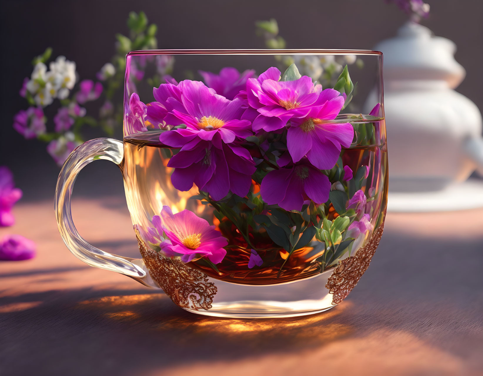 Transparent tea cup with blooming purple flowers and teapot on table