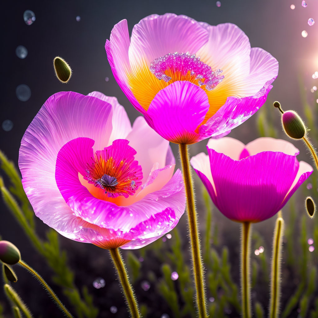 Vibrant pink poppies with water droplets in soft sunlight against dark bokeh background