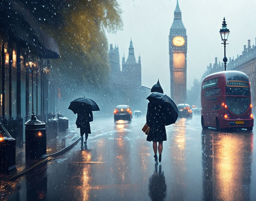 Rainy London street with Big Ben, red bus, umbrellas, and vintage lamps