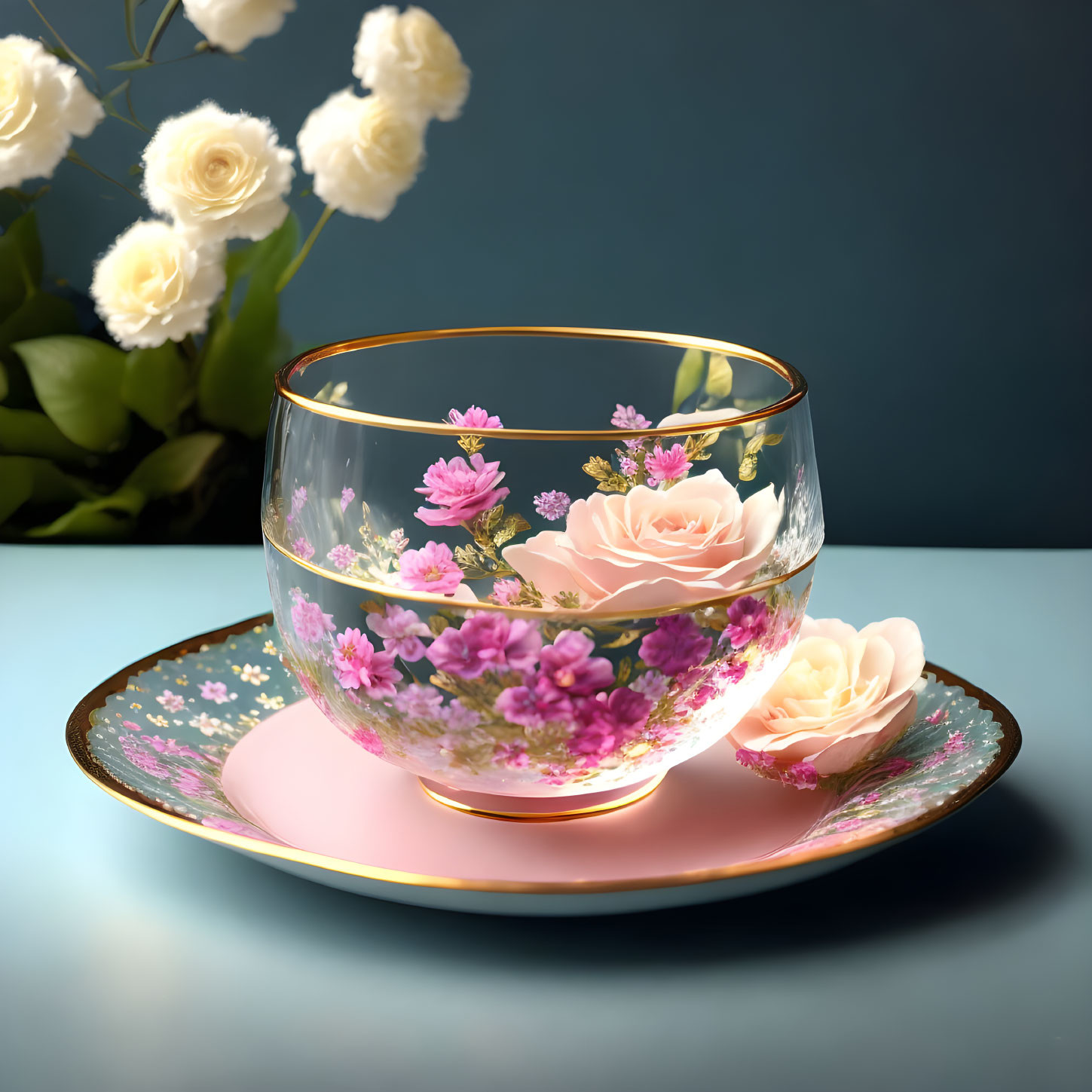 Floral-patterned glass bowl with floating flowers on saucer against blue backdrop