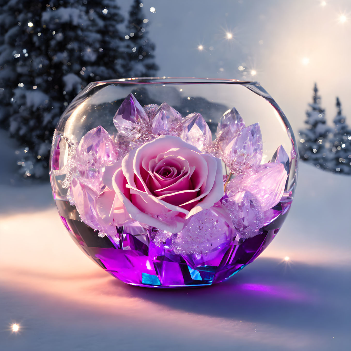 Pink rose in glass sphere with purple crystals on snowy backdrop.