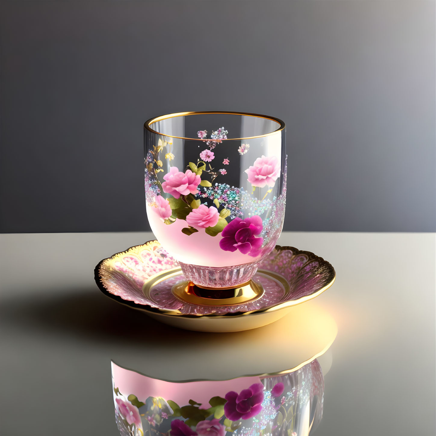 Floral design glass on saucer against gradient background