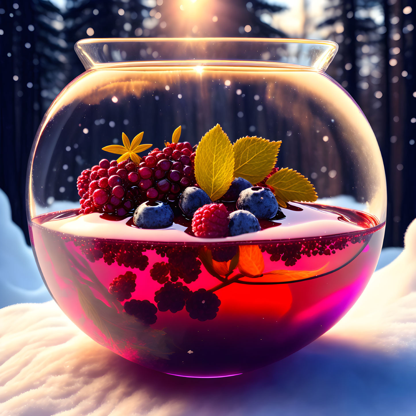 Transparent bowl with red liquid and mixed berries on snowy forest background