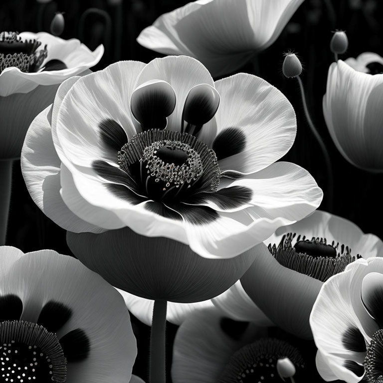 Detailed Monochrome Close-Up of Poppy Flower and Surrounding Flowers