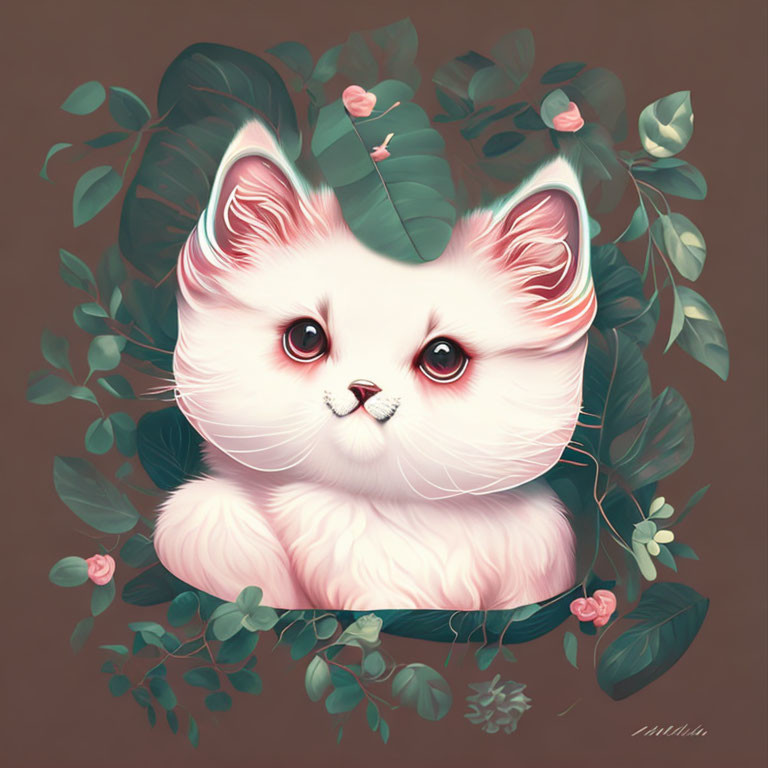 Fluffy white kitten with big eyes in nature-themed illustration