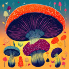 Colorful Mushroom Illustration on Gradient Background with Leaves