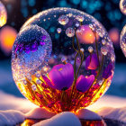 Vibrant purple flowers in luminous crystal ball with magical winter scene