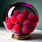 Crystal Ball with Ripe Red Raspberries on Gold Base