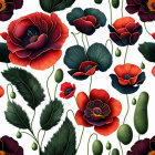 Detailed Red Poppies Pattern on White Background