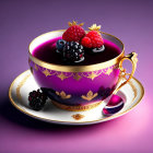 Golden-rimmed purple teacup with berries on matching saucer on gradient background