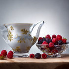 Glass pitcher with leaf design next to crystal bowl of mixed berries and scattered strawberries.