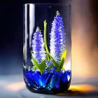 Blue flowers and green leaves in clear glass vase with blue water on warm ambient backdrop