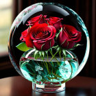 Crystal Sphere Vase with Red Roses Bouquet and Green Stems in Gel