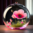 Transparent Glass Orb with Pink Poppy and Buds on Reflective Surface