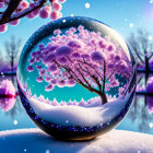 Crystal ball with cherry blossom tree in snowy landscape under twilight sky