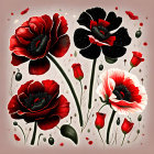 Vibrant red and black poppies illustration on gray background