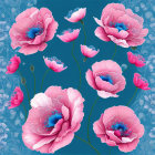 Detailed Pink Poppies Illustration on Blue Patterned Background