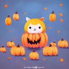 Illustration of a cat with pumpkin body, surrounded by leaves and pumpkins on blue background