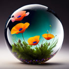 Colorful spherical artwork: orange poppies, greenery, starry night sky, turquoise gradient