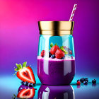 Colorful Berry Smoothie in Glass Jar with Gold Lid and Striped Straw