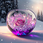 Pink rose in glass sphere with purple crystals on snowy backdrop.