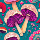 Vibrant Mushroom Pattern on Teal Background with Floral Accents