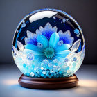 Glowing crystal ball with blue flower and intricate patterns on dark background