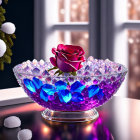 Colorful Rose and Butterfly Floral Arrangement with Crystal Gems in Glass Bowl