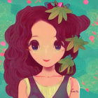 Voluminous Curly Hair Girl with Green Leaves on Floral Background