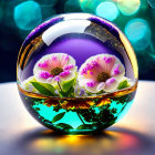 Colorful floral arrangement in vibrant glass orb on bokeh light background