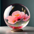 Crystal Ball Displaying Vibrant Pink Poppies on Wooden Stand