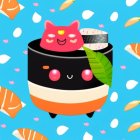 Illustrated Smiling Sushi Roll with Pink Cat-Shaped Topping on Blue Background