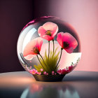 Translucent sphere with pink poppies and flowers on reflective surface