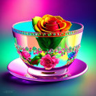 Colorful digital artwork: Jeweled teacup with yellow and pink roses on multicolored backdrop