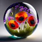 Transparent Glass Sphere with Red and Purple Poppy Flowers on Grey Background