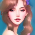 Stylized digital portrait of young woman with wavy hair and blue flowers, detailed eyes, subtle