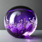 Transparent glass sphere with purple flowers and greenery in 3D terrarium on grey background