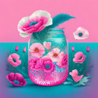 Colorful digital artwork: glass jar with pink water and flowers on pink-blue background