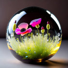 Miniature garden with pink flowers in crystal ball display