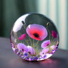 Vibrant pink poppies and buds in crystal ball reflection