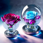 Ornamental red and blue roses in glass spheres on crystal bases