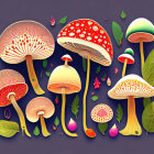 Vibrant stylized mushroom illustration on purple background