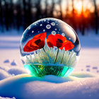 Transparent sphere with red poppies, greenery, snow, and forest under sunrise or sunset.