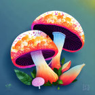 Vibrant illustrated mushrooms with patterned caps on teal background