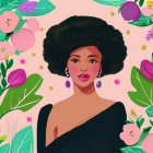 Illustration of woman with curly afro and large earrings in tropical floral backdrop