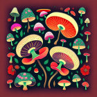 Colorful Stylized Mushrooms and Flora on Dark Background