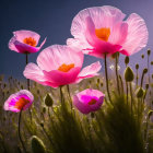 Vibrant pink poppies under blue sky: backlit petals, orange centers.